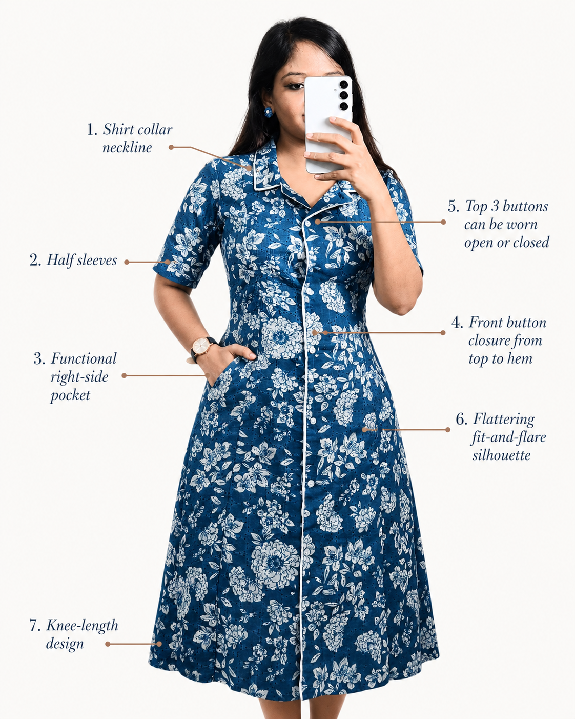 Blue Floral Hakoba Cotton Shirt Dress