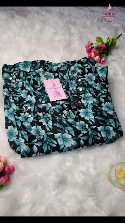 AquaGleam Turquoise Floral Kurti