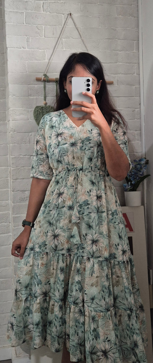 Soft Sage Floral Hakoba Cotton Dress