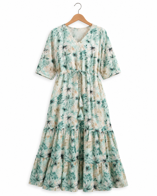Soft Sage Floral Hakoba Cotton Dress