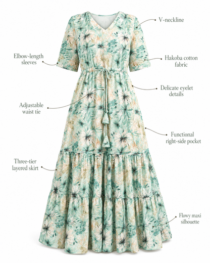 Soft Sage Floral Hakoba Cotton Dress