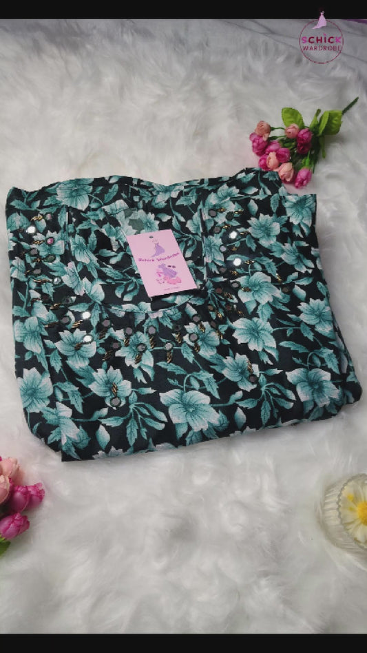 AquaGleam Turquoise Floral Kurti