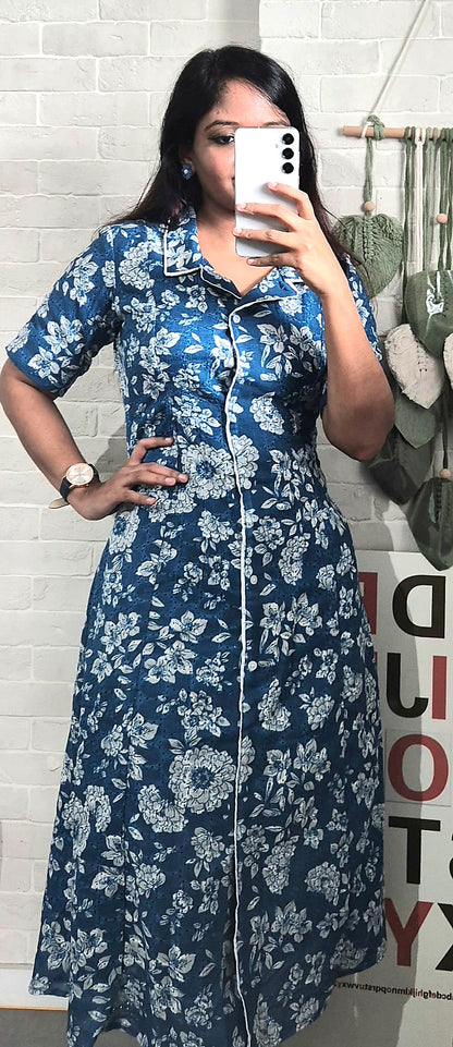 Blue Floral Hakoba Cotton Shirt Dress